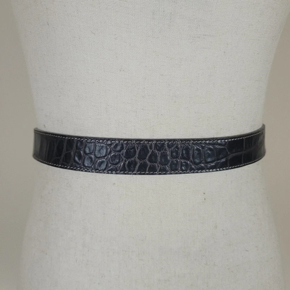 Harold's Belt Small Brown Leather Croc Embossed Grosgrain Tie Dainty Dressy